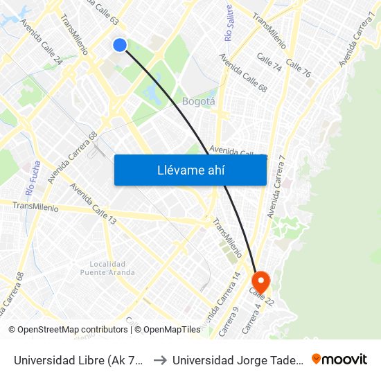 Universidad Libre (Ak 70 - Ac 53) to Universidad Jorge Tadeo Lozano map