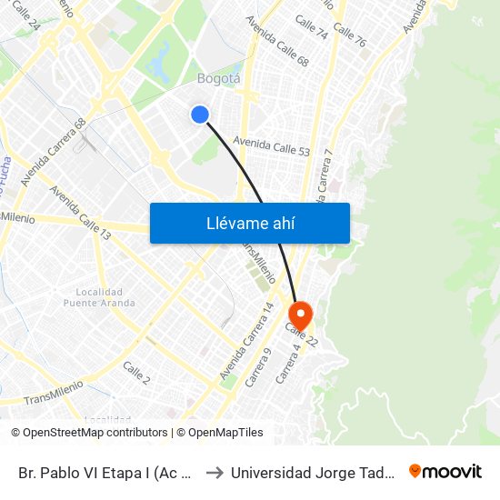 Br. Pablo VI Etapa I (Ac 53 - Ak 50) to Universidad Jorge Tadeo Lozano map