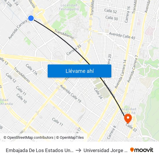 Embajada De Los Estados Unidos (Ak 50 - Cl 24b) to Universidad Jorge Tadeo Lozano map