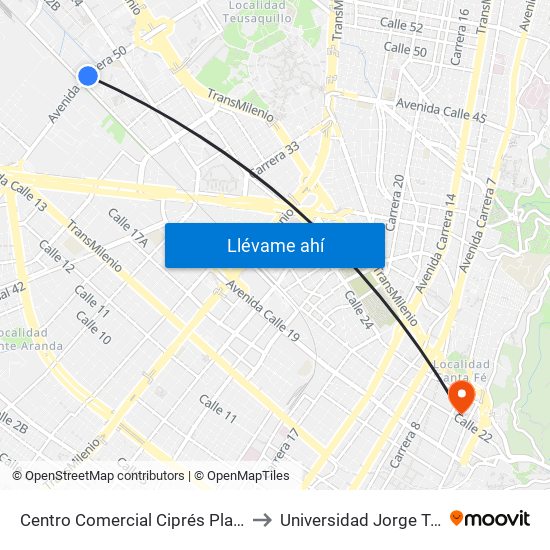 Centro Comercial Ciprés Plaza (Ak 50 - Cl 21) to Universidad Jorge Tadeo Lozano map