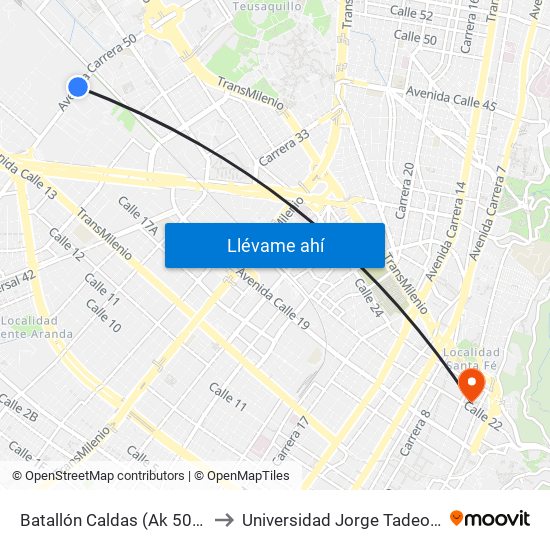 Batallón Caldas (Ak 50 - Cl 19) to Universidad Jorge Tadeo Lozano map