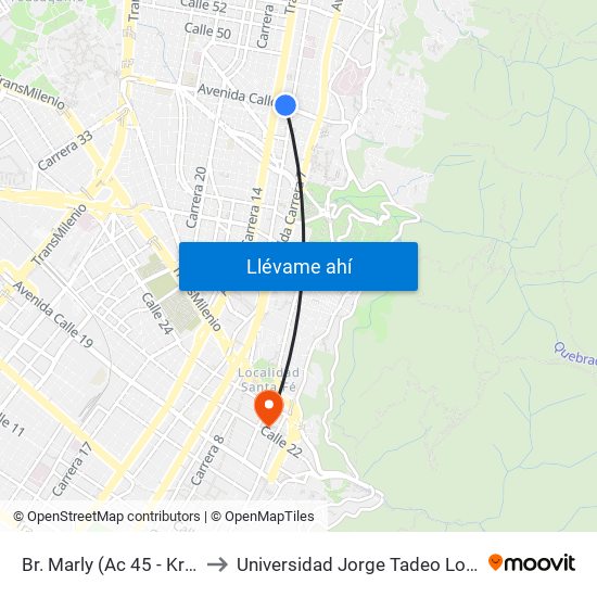 Br. Marly (Ac 45 - Kr 13) to Universidad Jorge Tadeo Lozano map