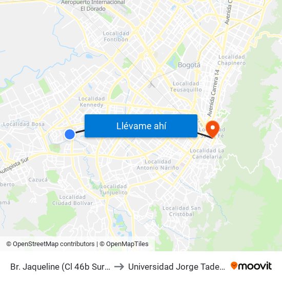 Br. Jaqueline (Cl 46b Sur - Kr 77v) to Universidad Jorge Tadeo Lozano map