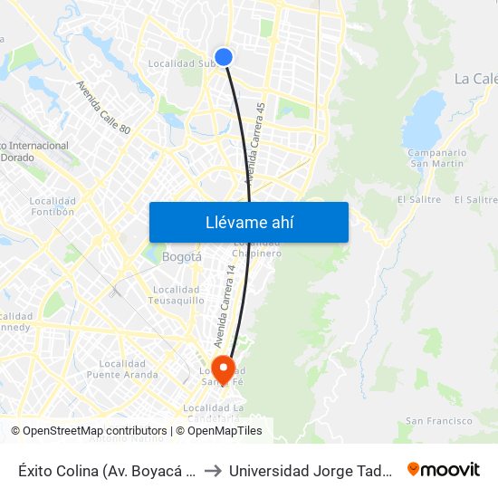 Éxito Colina (Av. Boyacá - Cl 146b) to Universidad Jorge Tadeo Lozano map