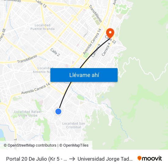 Portal 20 De Julio (Kr 5 - Cl 31 Sur) to Universidad Jorge Tadeo Lozano map