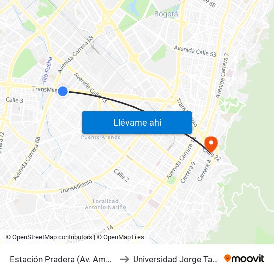 Estación Pradera (Av. Américas - Kr 65) to Universidad Jorge Tadeo Lozano map