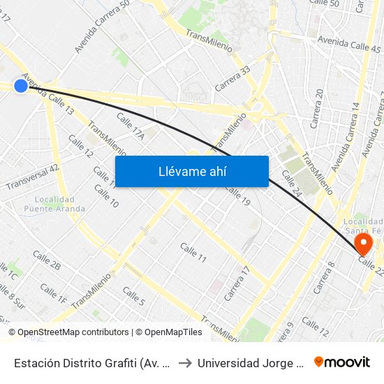 Estación Distrito Grafiti (Av. Américas - Kr 53a) to Universidad Jorge Tadeo Lozano map