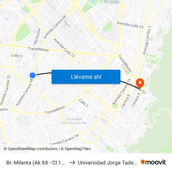 Br. Milenta (Ak 68 - Cl 17 Sur) (B) to Universidad Jorge Tadeo Lozano map