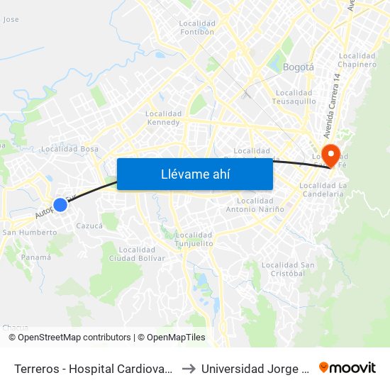 Terreros - Hospital Cardiovascular (Lado Norte) to Universidad Jorge Tadeo Lozano map
