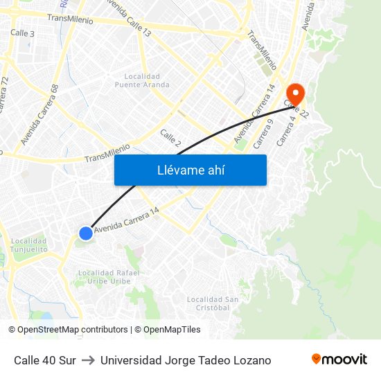 Calle 40 Sur to Universidad Jorge Tadeo Lozano map