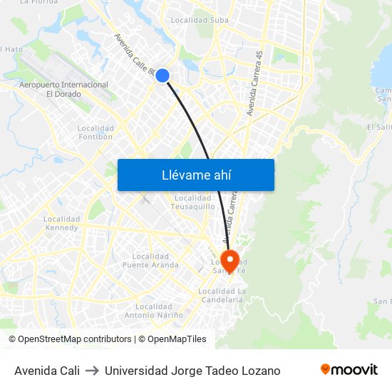 Avenida Cali to Universidad Jorge Tadeo Lozano map