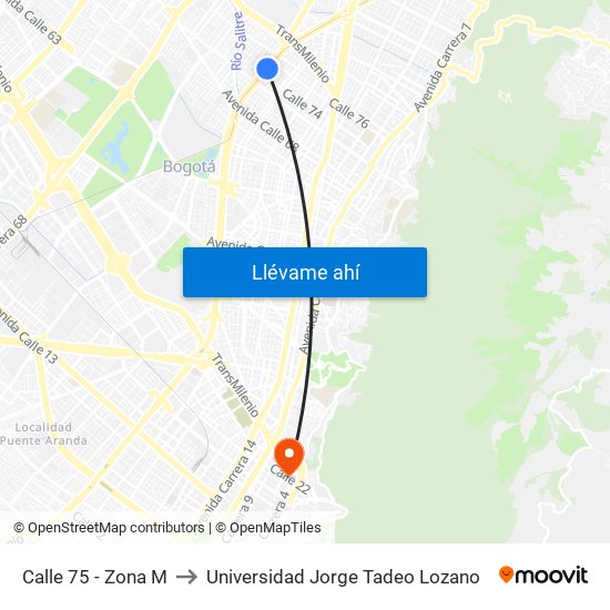 Calle 75 - Zona M to Universidad Jorge Tadeo Lozano map