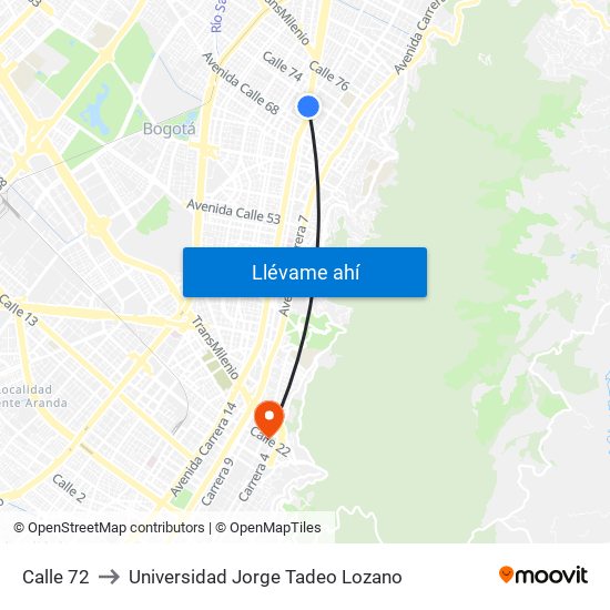 Calle 72 to Universidad Jorge Tadeo Lozano map