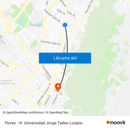 Flores to Universidad Jorge Tadeo Lozano map