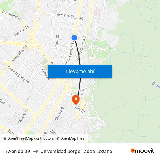 Avenida 39 to Universidad Jorge Tadeo Lozano map