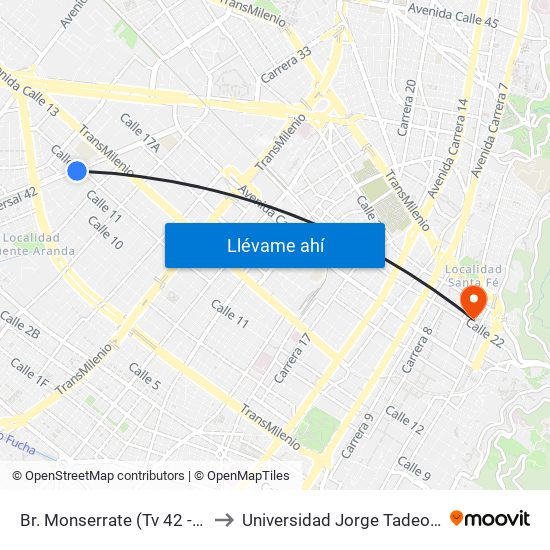 Br. Monserrate (Tv 42 - Cl 11a) to Universidad Jorge Tadeo Lozano map