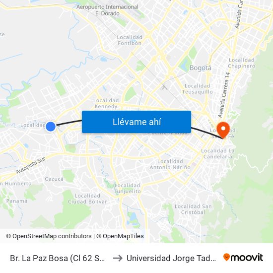 Br. La Paz Bosa (Cl 62 Sur - Kr 82c) to Universidad Jorge Tadeo Lozano map