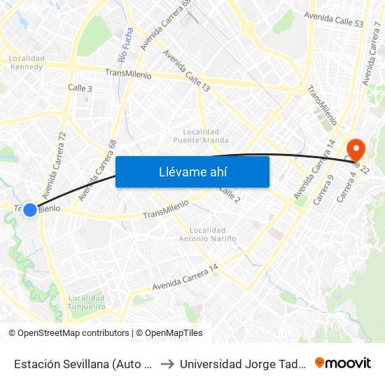 Estación Sevillana (Auto Sur - Kr 57) to Universidad Jorge Tadeo Lozano map