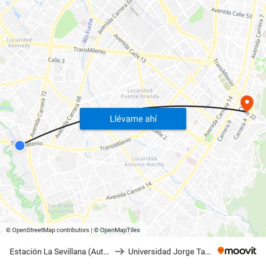 Estación La Sevillana (Auto Sur - Kr 60) to Universidad Jorge Tadeo Lozano map