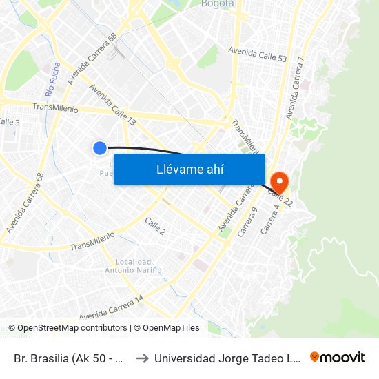 Br. Brasilia (Ak 50 - Cl 4c) to Universidad Jorge Tadeo Lozano map