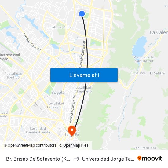 Br. Brisas De Sotavento (Kr 55 - Cl 161a) to Universidad Jorge Tadeo Lozano map