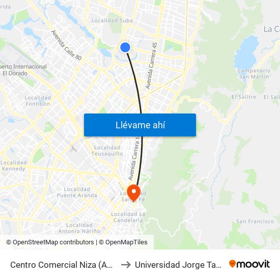 Centro Comercial Niza (Ac 127 - Kr 60) to Universidad Jorge Tadeo Lozano map