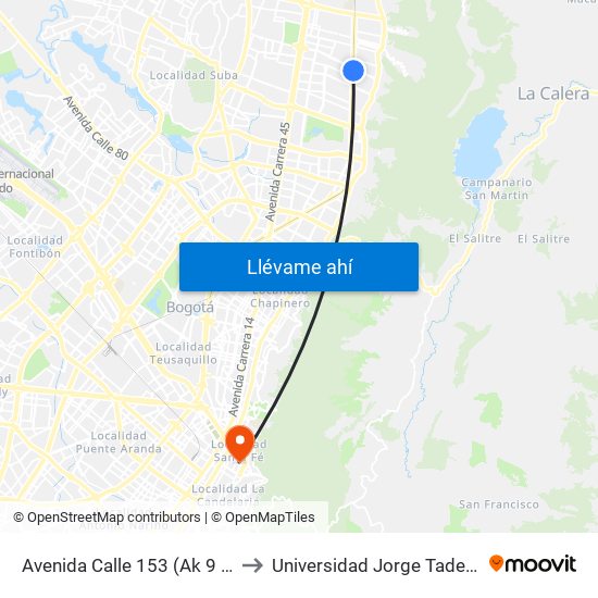 Avenida Calle 153 (Ak 9 - Ac 153) to Universidad Jorge Tadeo Lozano map