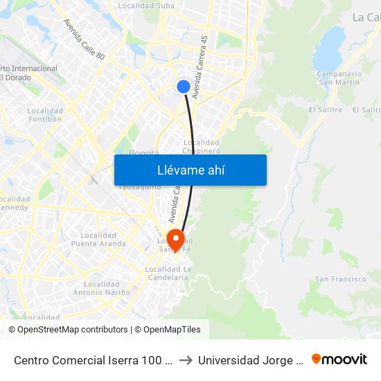 Centro Comercial Iserra 100 (Ac 100 - Tv 55) (A) to Universidad Jorge Tadeo Lozano map