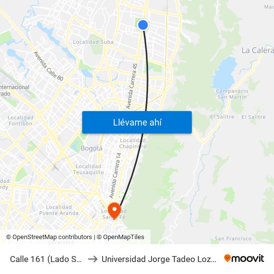 Calle 161 (Lado Sur) to Universidad Jorge Tadeo Lozano map