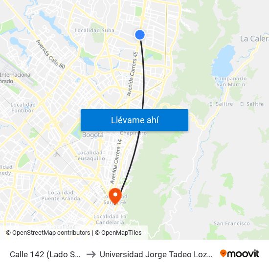Calle 142 (Lado Sur) to Universidad Jorge Tadeo Lozano map