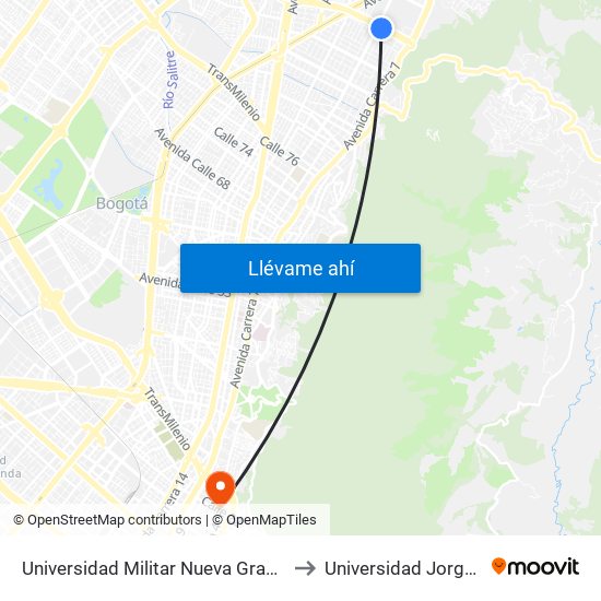 Universidad Militar Nueva Granada (Ac 100 - Kr 10) (A) to Universidad Jorge Tadeo Lozano map