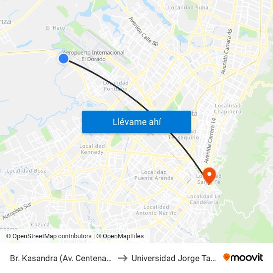 Br. Kasandra (Av. Centenario - Kr 134a) to Universidad Jorge Tadeo Lozano map