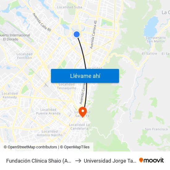 Fundación Clínica Shaio (Ac 116 - Kr 70d) to Universidad Jorge Tadeo Lozano map