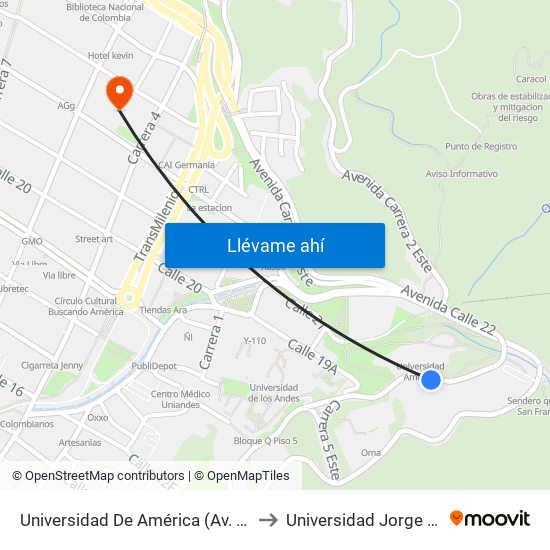 Universidad De América (Av. Circunvalar - Cl 19a) to Universidad Jorge Tadeo Lozano map