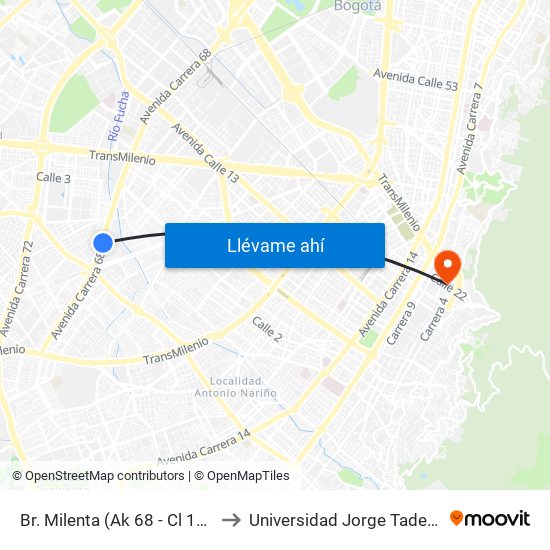Br. Milenta (Ak 68 - Cl 15 Sur) (A) to Universidad Jorge Tadeo Lozano map
