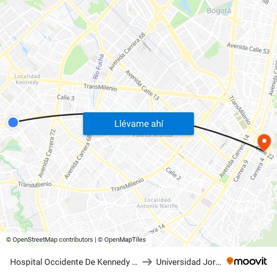 Hospital Occidente De Kennedy (Av. 1 De Mayo - Cl 40b Sur) (B) to Universidad Jorge Tadeo Lozano map