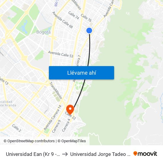 Universidad Ean (Kr 9 - Cl 71) to Universidad Jorge Tadeo Lozano map