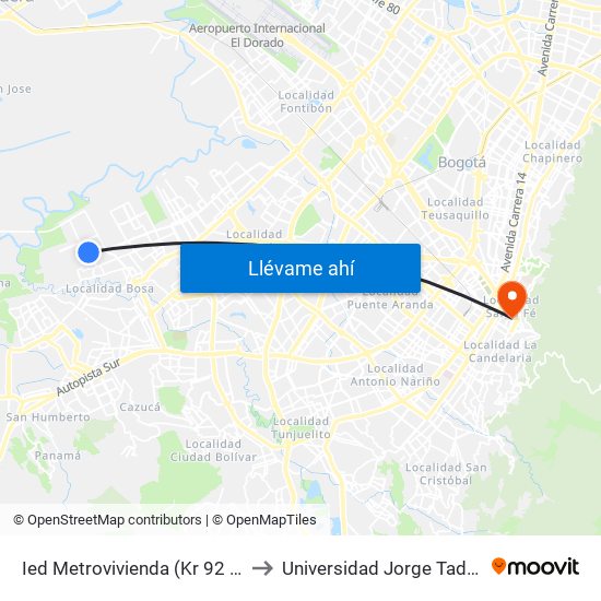 Ied Metrovivienda (Kr 92 - Cl 72 Sur) to Universidad Jorge Tadeo Lozano map