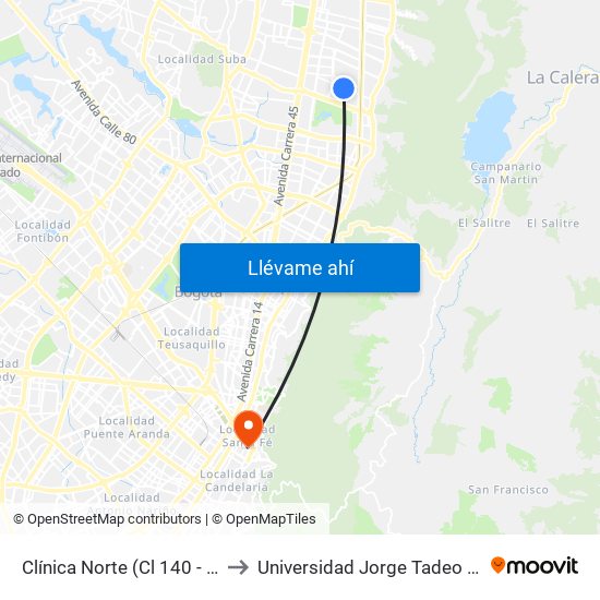 Clínica Norte (Cl 140 - Kr 12) to Universidad Jorge Tadeo Lozano map