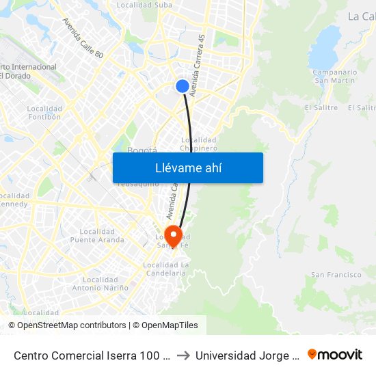 Centro Comercial Iserra 100 (Ac 100 - Kr 54) (B) to Universidad Jorge Tadeo Lozano map