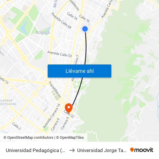 Universidad Pedagógica (Ac 72 - Kr 10) to Universidad Jorge Tadeo Lozano map