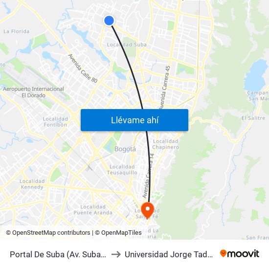 Portal De Suba (Av. Suba - Kr 103c) to Universidad Jorge Tadeo Lozano map