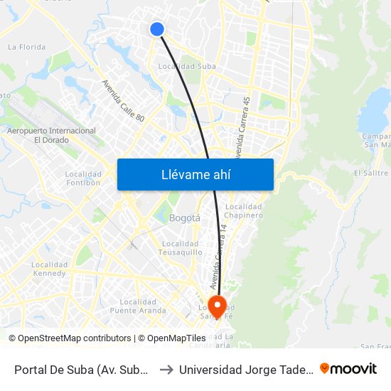 Portal De Suba (Av. Suba - Kr 106) to Universidad Jorge Tadeo Lozano map