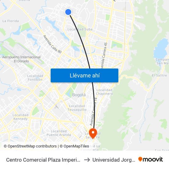 Centro Comercial Plaza Imperial (Av. C. De Cali - Av. Suba) to Universidad Jorge Tadeo Lozano map