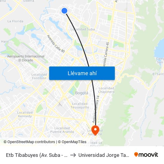 Etb Tibabuyes (Av. Suba - Kr 114c) (A) to Universidad Jorge Tadeo Lozano map