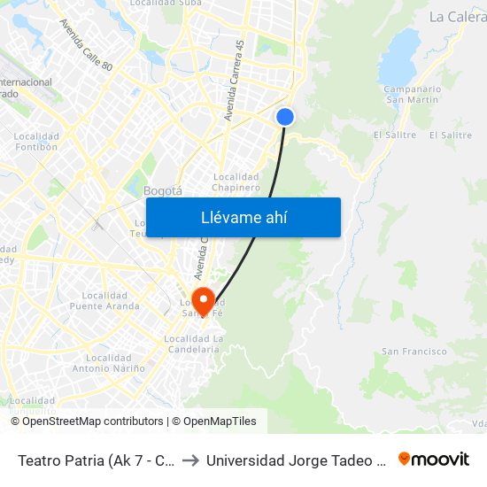 Teatro Patria (Ak 7 - Cl 106) to Universidad Jorge Tadeo Lozano map