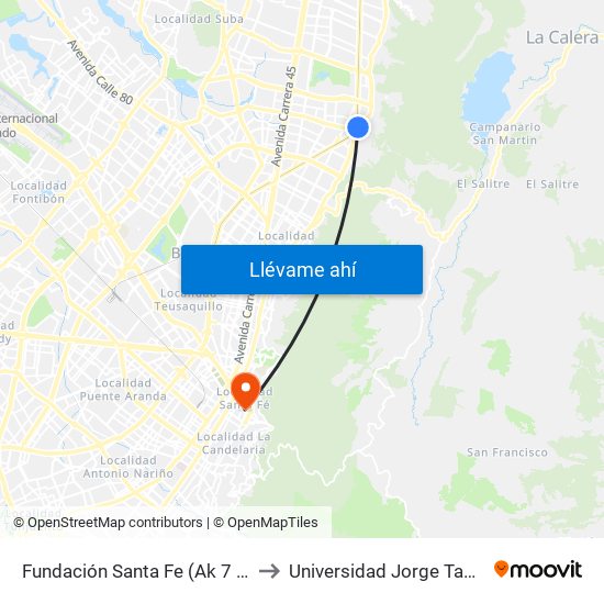 Fundación Santa Fe (Ak 7 - Cl 118) (A) to Universidad Jorge Tadeo Lozano map