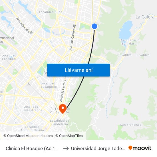 Clínica El Bosque (Ac 134 - Ak 7) to Universidad Jorge Tadeo Lozano map