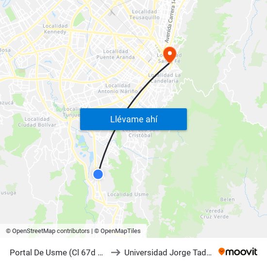 Portal De Usme (Cl 67d Sur - Kr 11) to Universidad Jorge Tadeo Lozano map