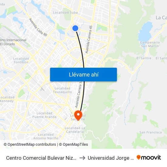 Centro Comercial Bulevar Niza (Ac 127 - Av. Suba) to Universidad Jorge Tadeo Lozano map